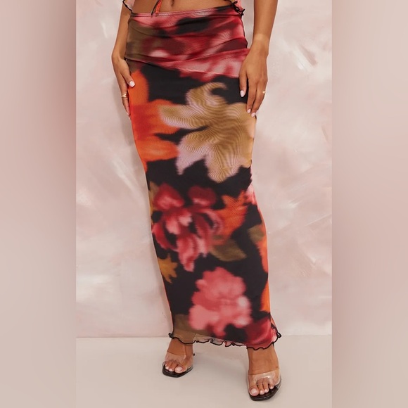 PrettyLittleThing Dresses & Skirts - PrettyLittleThing Red Floral Mesh Low Rise Maxi Skirt US 8